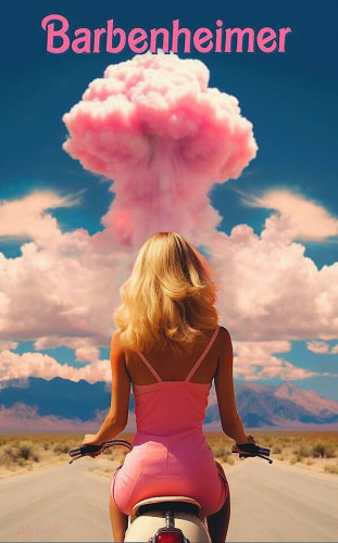 Barbie de dos, sur un scooter, vêtue de rose, roulant vers un champignon nucléaire, rose également