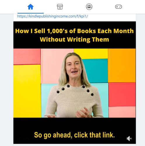 Screen shot from a video ad. A blonde white woman in a beige sweater is facing the camera, talking. The caption on the ad says "How I sell 1,000's of books each month without writing them. So go ahead, click that link."