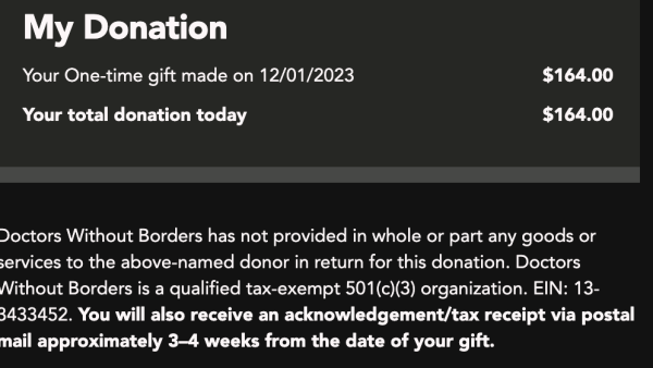 A receipt for a donation to Doctors Without Borders for $164!