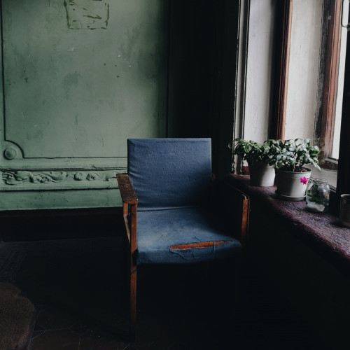 a worn chair in a dim room beside a window with potted plants on the sill.