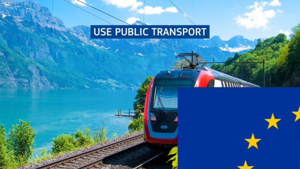 A photo of an electric train coasting an alpine river. On top, the text "Use public transport." On the bottom-right side, a quarter of the EU flag complements the other three visuals included in the post.