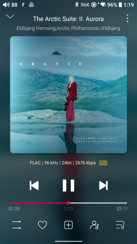 Screenshot from HiRes audio player showing Arctic album cover. The image is Eldbjørg Hemsing standing in a red dress, holding her violin, on what looks like a glacier, with glaciers in the background. 