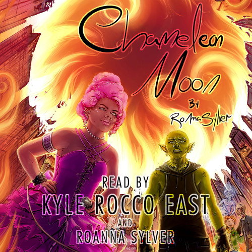 The audiobook cover of Chameleon Moon, featuring a pink-haired Black superheroine and a nervous-looking green-scaled dragon boy against a fiery city background. Read by Kyle Rocco East and RoAnna Sylver