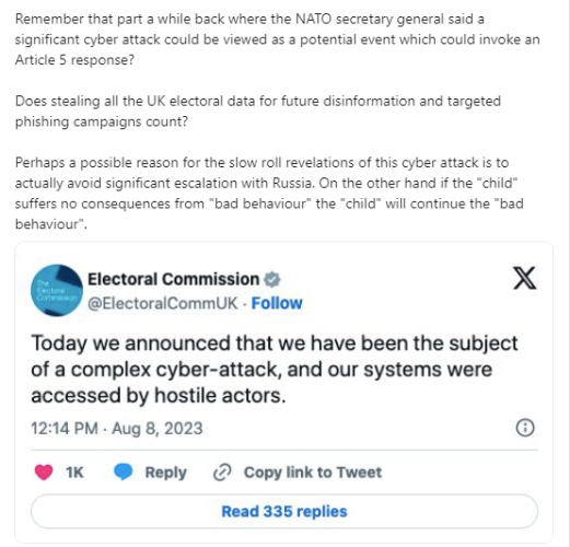 A LinkedIn post musing about whether the hack of the UK electoral commission would meet the bar for invoking NATO Article 5. 