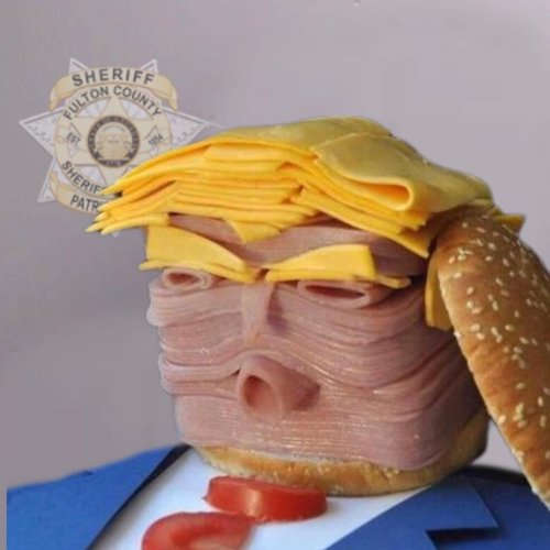 Picture of Donald Trump made from a stack of sliced ham and cheese with the Fulton county police mugshot watermark in the corner
