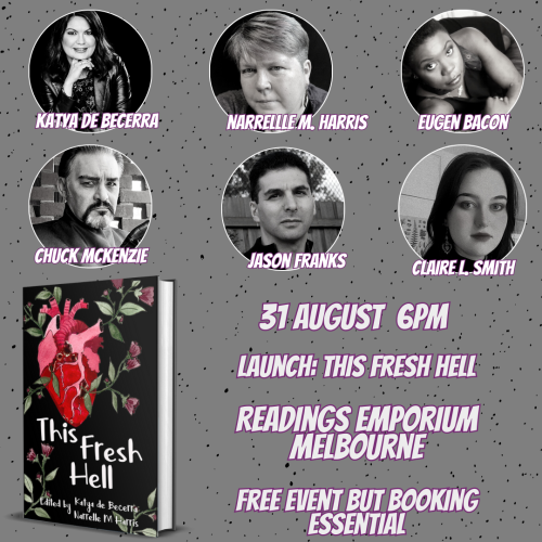 Promo image for This Fresh Hell featuring the date, place and time of the launch, plus pictures of the authors and editors attending, named in the text.