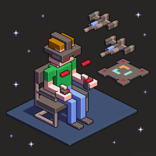 Isometric pixel artwork of a virtual reality gamer sitting in a chair, surrounded by space fighters.