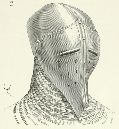 Elongated sort of bascinet helmet, with an aventail. 