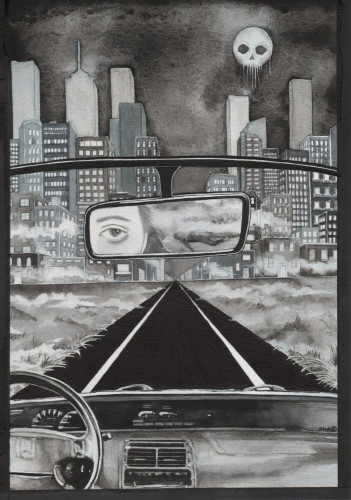 Black and white art of a man driving into the city. A full moon/skull hangs in the sky. The man's eye is reflected in the rearview mirror which also shows a body in it, covered by mist/fog. The front end of a car interior is shown with the window view showing a road with the city in front of it. Wilderness lies on either side of the road with clouds of mist/fog.