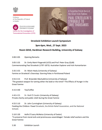 Programme for the Strzelecki Exhibition Launch Symposium, University of Galway, 27 Sept. 2023. Full text available at: https://mooreinstitute.ie/event/strzelecki-exhibition-launch-symposium/