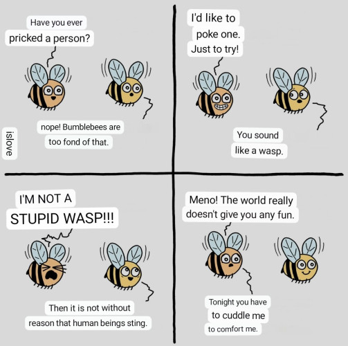 Cute bee comic that I'm just too weary to retype all four panels while battling the autocorrect.