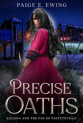 Book cover: A young woman stands at night on a solitary playground. Her long black hair cascades down her back as she turns to look directly at us. She wears a long dress the color of wine. Two sharp bones protrude from her forearms, as she is a spider-shifter.