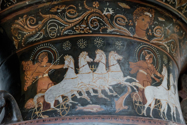 Helios and Selene in their respective chariots. Beneath them the fishes symbolise the sea in which their daily or nightly journey begins and ends.