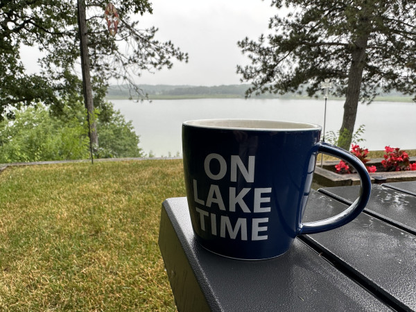 a rainy morning overlooking the lake with coffee