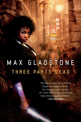 Cover art of a Black woman in a suit, leaning up against a wall, her right forearm glowing along with the long dagger she holds loosely. Blurb from Carrie Vaughn says:  “This has so many of my favorite things: an intriguing world, fun characters, and a puzzle of a story that manages to be both funky fantasy and legal thriller."