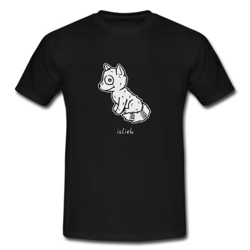 Schwarzes islieb-Shirt mit einem kleinen, gekrakelten Wolf im islieb-Stil.