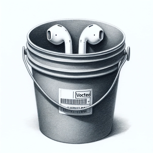 Apple AirPods in a bucket with a shipping label on it, pencil sketch.