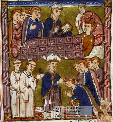 A double miniature, above the death of Bladuin, below the coronation of his successor Fulk