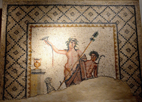 Roman mosaic depicting the god Dionysos. He has long dark hair flowing over his shoulders, decorated with vine or ivy. His mouth is small with full, pouty lips, his dark eyes looking to the right at his satyr friend on whom he leans in support. Dionysos is half-naked, a himation draped over his left shoulder leaving his groin bare. He cradles his thyrsos in the draped arm. His satyr friend wears a kind of kilt or short trousers, the mosaic is too damaged to know for sure. He is holding a shepherd's staff and is also crowned with a leafy wreath. In contrast, Dionysos is pale like a lady would be while the satyr is depicted in a "masculine" bronze skin tone.
Dionysos holds up a rhyton, a drinking vessel, up in his right with wine flowing out the end. His pet panther or leopard or lynx is looking up at it with curiosity.
On the far left, there is a vase on a pedastal, possibly a mixing bowl for wine.