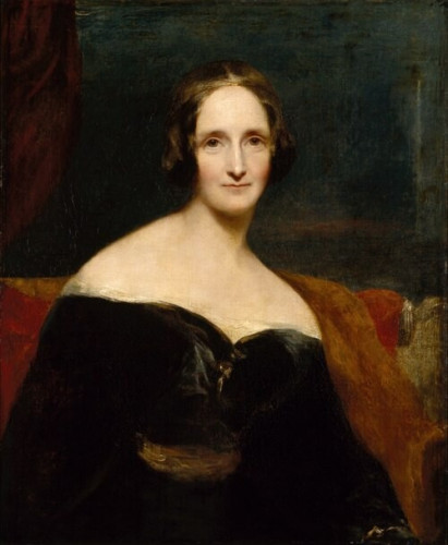 A painted portrait of Mary Shelley. She looks straight at the viewer and wears a black gown that sits below her shoulders. 