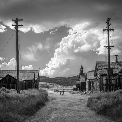 black and white photo of main street of Bodie, CA ghost town