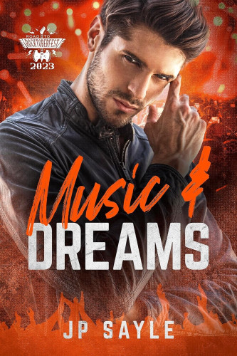 Cover - Music & Dreams by JP Sayle - Handsome young white man with sculpted dark hair and short neatly trimmed beard wearing a black leather jacket, right hand up with his index finger touching his temple, giving the viewer a smouldering look, red concert crowd in the background
