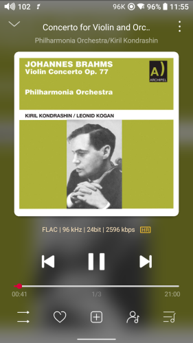 screenshot from HiRes audio player with  album cover for Leonid Kogan conducted by Kondrashin plays Brahms Violin Concerto 1958. The album cover is pale green with white outlines and a black and white image of Leonid Kogan holding his violin. 