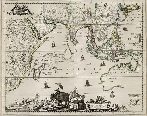 This is the second issue of a decorative late seventeenth century Dutch map of the East Indies and Australia, incorporating the discoveries of Abel Tasman's two voyages (1642-44). The map appeared first in Carel Allard's Atlas Maior in 1697. This map is from his son Hugo's imprint of circa 1702-1705. The map extends across the whole of the Indian Ocean, from the Cape of Good Hope to the East Indies, Japan and Australia. A decorative catouche at the bottom of the map illustrates Asian merchants, traders, elephants, camels and a native African ostrich hunt. Includes details of the early seventeeth century discoveries in the West and South West of Australia
