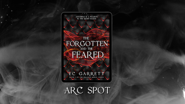 Ebook "The Forgotten and the Feared" by E.C. Garrett. Black scales touched with red, magical red fire, and black smoke in abstract design.