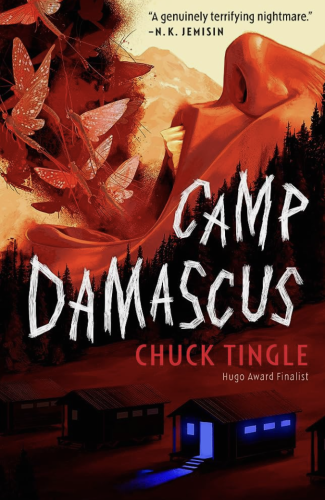 Cover of CAMP DAMASCUS by Chuck Tingle. A face is screaming as flies pour out of it behind a silhouette of a forest and a campground with bungalows/cabins below. One of the cabins is lit with an unearthly blue light.