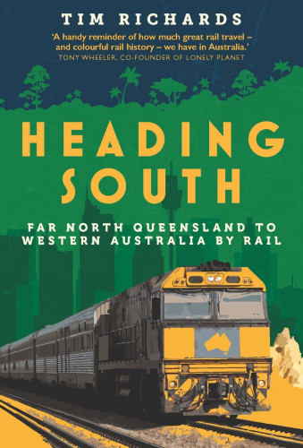 Cover of the book Heading South, featuring a train against a backdrop of a cityscape and a forest.
