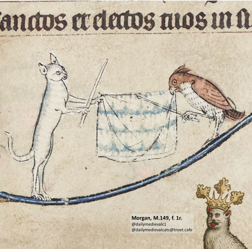 Picture from a medieval manuscript: A cat and a bird imitate human behavior