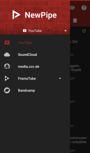 Screenshot aus der NewPipe App mit geöffnetem Auswahlmenü für die verschiedenen Streamingoptionen