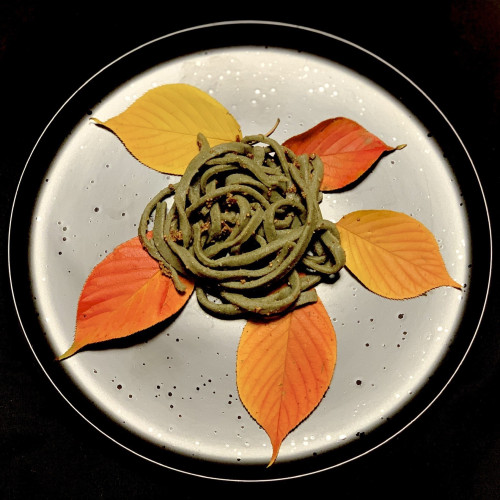 Sissoo soba with miso fermented popped huazontle seeds. 

Black background, black speckled plate reflecting light so it appears almost white. Five redbud leaves pointing outwards. They are shades are yellow and glowing peach. In the middle is a pile of green noodles arranged artfully haphazardly in a circle. Stick to the noodles are toasted wheat colored grains. 

The noodles are made from:

1/3c soba
1/3c wheat
1 1/2T ground sissoo leaves (really, a truckload of leaves)

It smelled like like green tea but when it cooked, that flavor mostly disappeared into the soba. 

Incidentally, when I was washing dishes around two hours later, I poured out the soba water from the pot used for boiling and found an errant noodle. This one tasted a bit like a fruity green tea soba noodle. So maybe if you overboil sissoo soba noodles, they’ll finally start tasting something other than just soba. 

The miso fermented popped huazontle still had astringency so ideally, they should be boiled. 