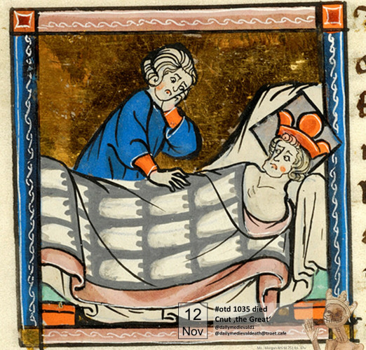 Knut, crowned on his deathbed, a mourning figure next to the bed.