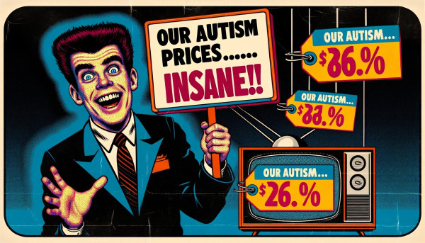 Crazy Eddy style ad. TV advertiser holds a sign "Our Autism Prices..... INSANE!!" Dall-E 3 prompt by author.