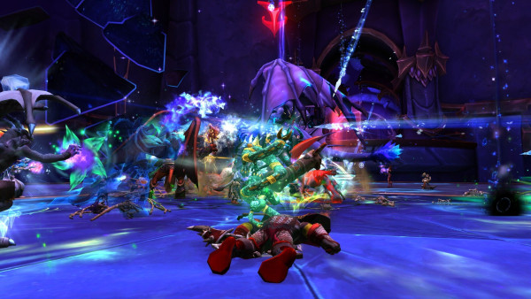 Screenshot from World of Warcraft, an orc hunter lays dead on the floor with a raid boss being attacked in front of him.