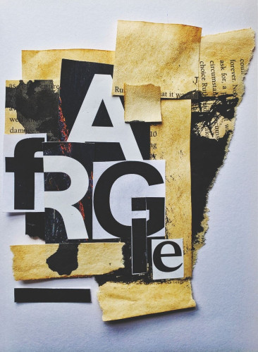 A collage of torn, aged, and yellowed book pages with typography that says "fragile"