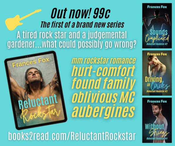 Marketing image with first four covers of the series. Text says out now 99c. MM rockstar romance, hurt-comfort, found family, oblivious MC, aubergines. 