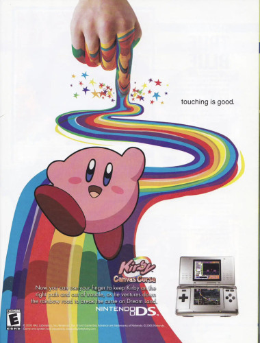 An ad for Kirby Canvas Curse for the Nintendo DS. It proclaims "Touching Is Good". 