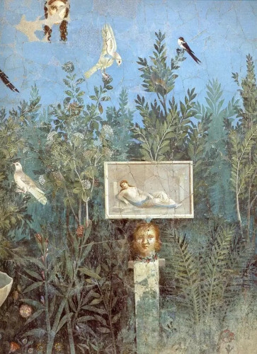 A garden fresco scene with a variety of plants depicted in bloom or flourishing against a light blue sky. There are a variety of birds amongst and above the foliage. There’s a pillar with a head (a herm perhaps) with another fresco or relief balanced above it. A theatre mask appears in the sky.