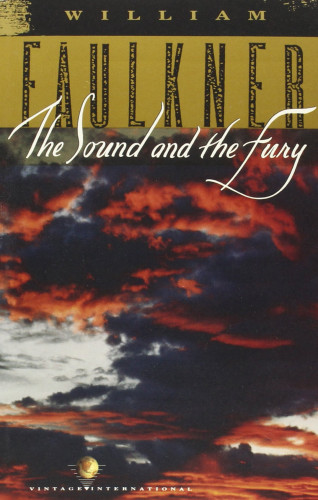 Book cover for Faulkner’s “The Sound and the Fury” against a stormy sky.