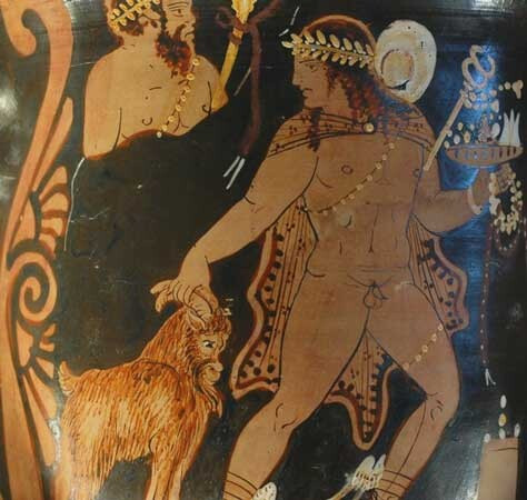 Red-figure vase painting of Hermes with a goat, possibly stealing it, leading it to market, or to sacrifice.