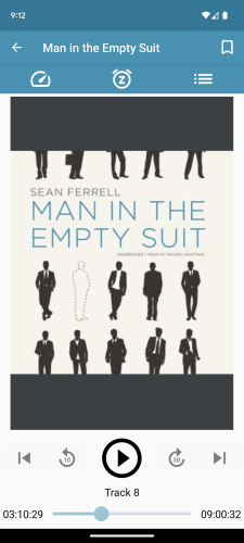 Cover of audiobook for Man in the Empty Suit by Sean Ferrell. Cover art shows silhouette of a man in a suit, repeated 14 times in various poses against a white background.
