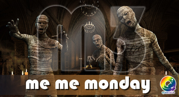 three mummies in a dark, candlelit hall - Me Me Monday header