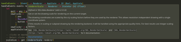 VS Code documentation popup/tooltip thingy showing a Haddock comment for a function in the SDL2 Haskell package.