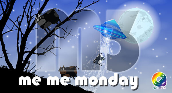 illustration of cows being lifted up to a UFO at night - Me Me Monday header