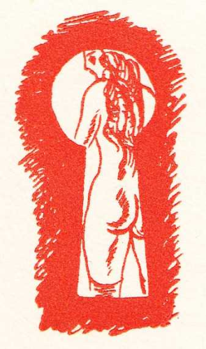 A red monochrome drawing. Through a keyhole we see the naked back of a young white woman. She has long hair that rolls down her back and firm, round buttocks. Her cheeks are blushing and her eyes closed as she stands alone.