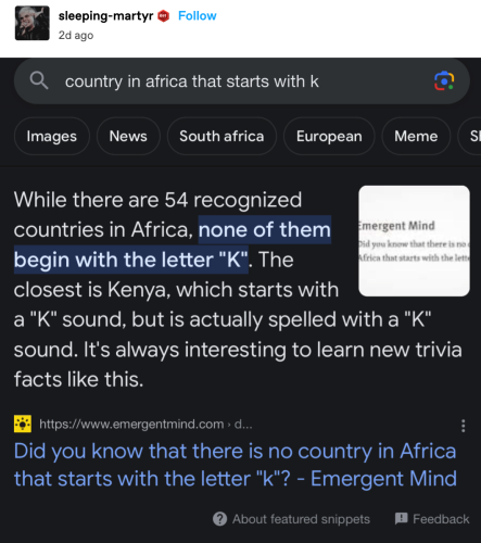 [image description: search that reads “country in africa that starts with K”. the featured snipped is from www.emergentmind.com and reads “While there are 54 recognized countries in Africa, none of them begin with the letter "K". The closest is Kenya, which starts with a "K" sound, but is actually spelled with a "K" sound. It's always interesting to learn new trivia facts like this.” /end ID]