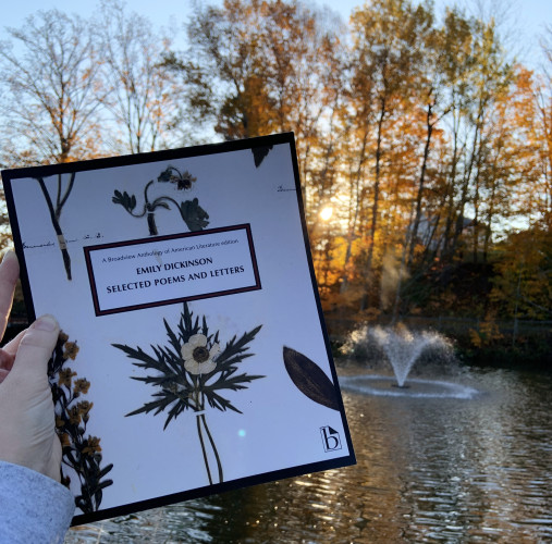 A copy of Emily Dickinson's selected poems and letters is held up in front of a pond with a fountain. Autumn trees with the sun peeking through are in the background.